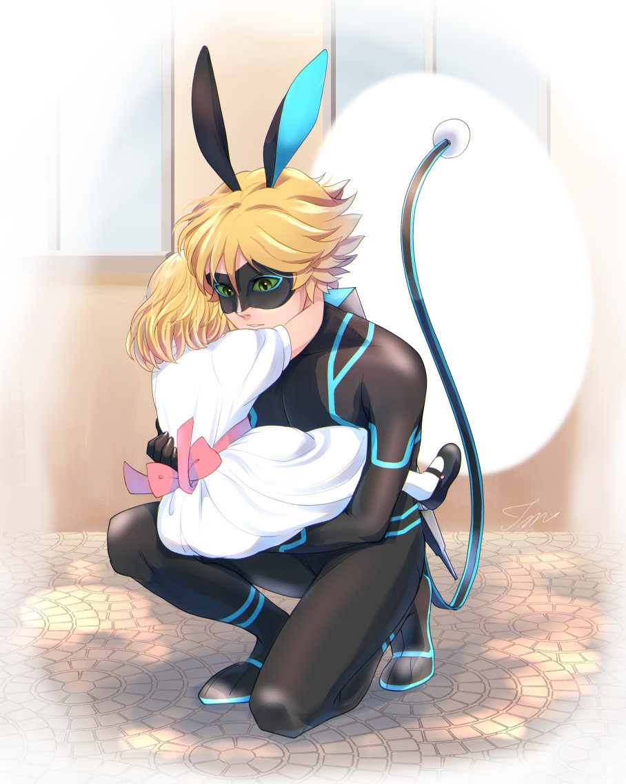 1boy, 1girl, adrien_agreste, alternate_costume, animal_ears, black_bodysuit, blonde_hair, bodysuit