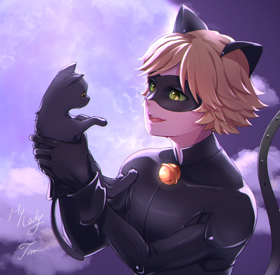 1boy, adrien_agreste, animal, animal_ears, bell, black_bodysuit, black_fur, blonde_hair