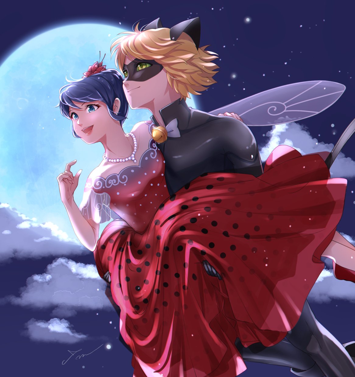 1boy, 1girl, adrien_agreste, animal_ears, bead_necklace, beads, black_bodysuit, blonde_hair