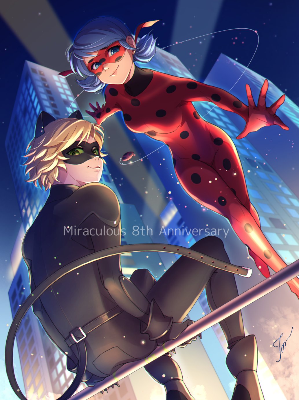 1boy, 1girl, adrien_agreste, animal_ears, black_bodysuit, black_mask, blonde_hair, blue_eyes