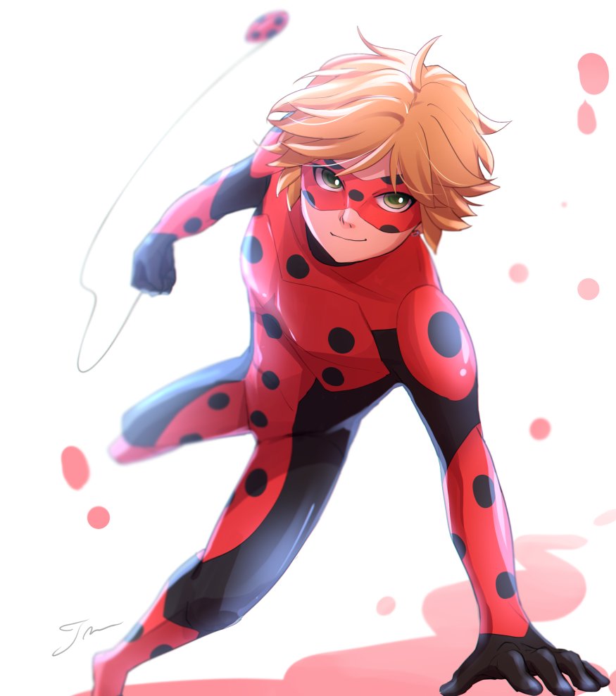 1boy, blonde_hair, bodysuit, closed_mouth, cosplay, domino_mask, green_eyes, ladybug_(character)