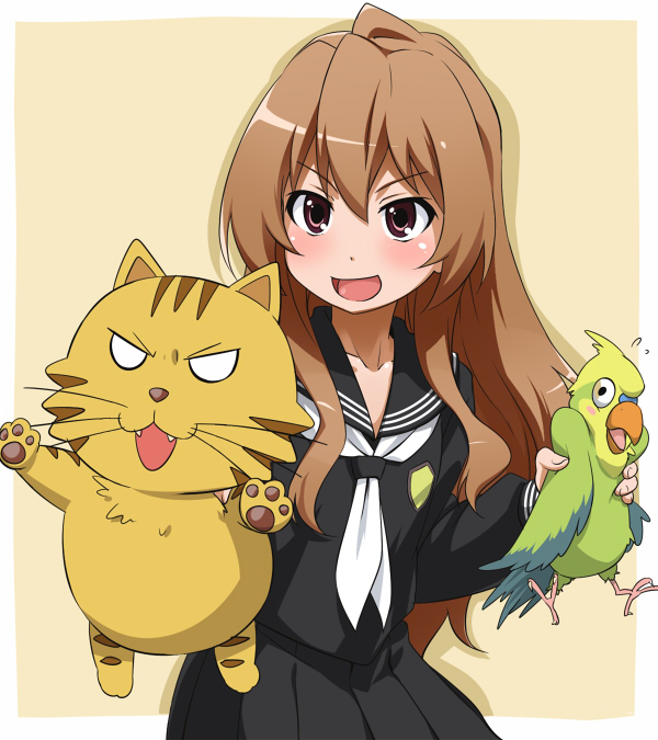 aisaka_taiga, animal, bird, blush, brown_eyes, brown_hair, flat_chest, inko