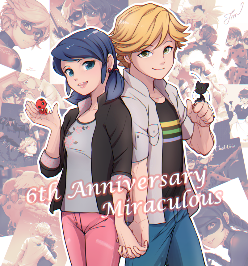1boy, 1girl, adrien_agreste, animal_ears, anniversary, black_jacket, black_shirt, blonde_hair