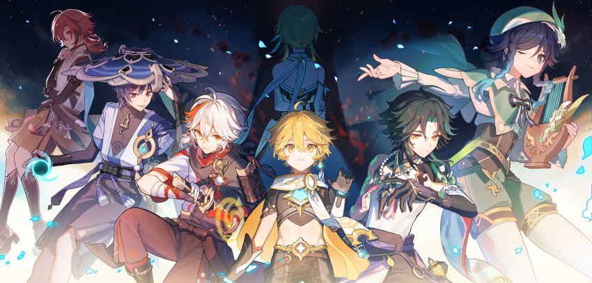 1girl, 6+boys, absurdres, aether_(genshin_impact), annshiro76, arm_tattoo, armor, bandaged_hand