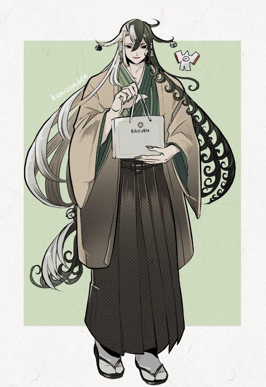 1boy, ashiya_douman_(fate), asymmetrical_hair, black_hair, brand_name_imitation, curly_hair, earrings, fate/grand_order, fate_(series), fingernails, full_body, green_kimono, hair_between_eyes, hakama, hakama_skirt, highres, japanese_clothes, jewelry, kanisan666, kimono, long_hair, looking_at_viewer, magatama, magatama_earrings, male_focus, multicolored_hair, personification, rakuten, sharp_fingernails, shikishi, skirt, smile, solo, split-color_hair, standing, two-tone_background, two-tone_hair, very_long_hair, walking, white_hair