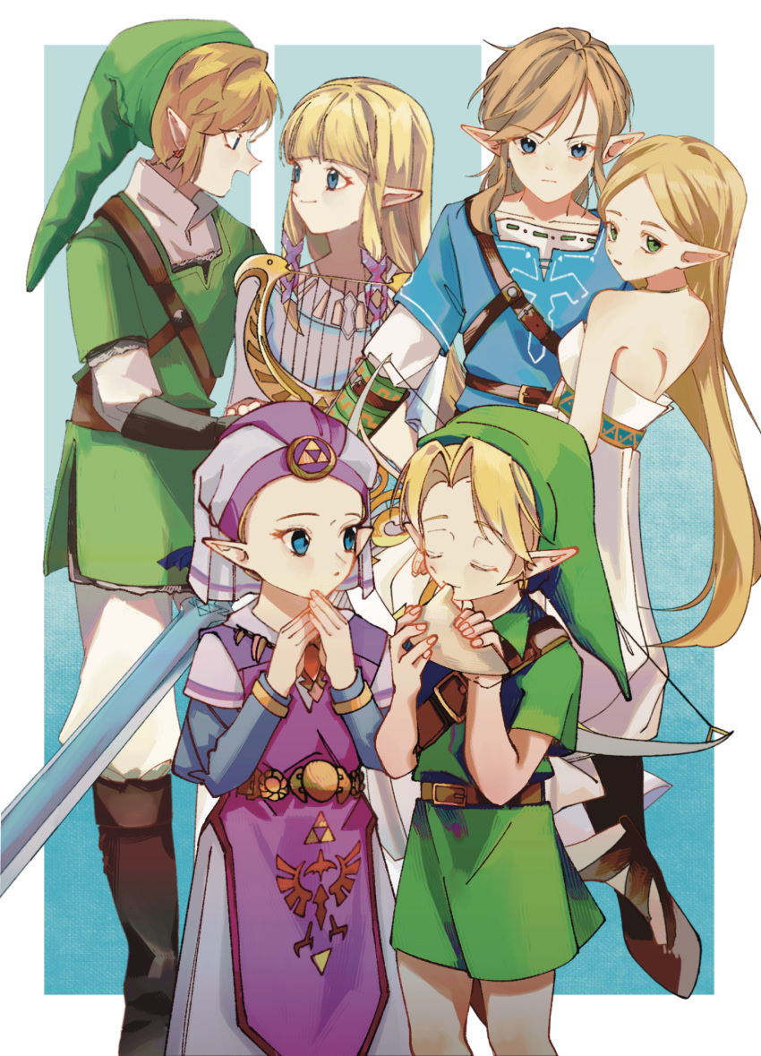 3boys, 3girls, bare_shoulders, belt, belt_buckle, black_gloves, blonde_hair, blue_background