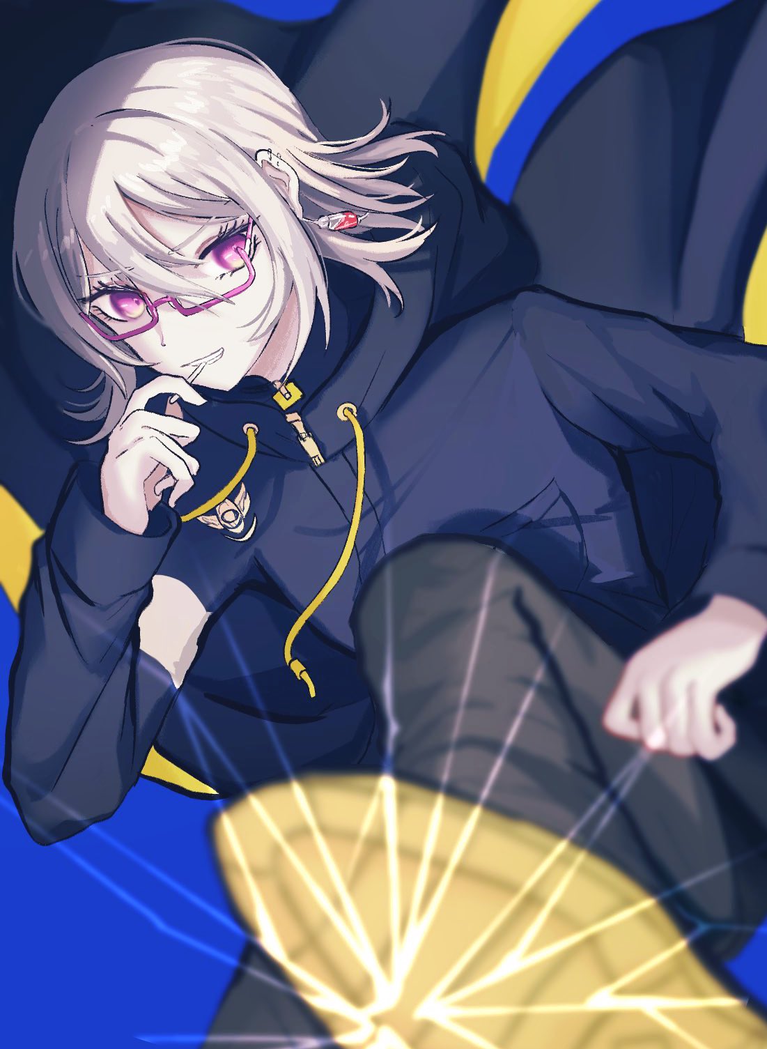 1other, black_cape, black_pants, blue_background, blue_coat, candy, cape, coat, colored_shoe_soles, commentary_request, cracked_screen, food, glasses, grey_hair, grin, hair_between_eyes, halara_nightmare, hand_up, highres, holding, holding_candy, holding_food, holding_lollipop, hood, hood_down, hooded_coat, kicking, kicking_at_viewer, lollipop, long_sleeves, looking_at_viewer, master_detective_archives:_rain_code, open_mouth, other_focus, pants, pink-framed_eyewear, pink_eyes, semi-rimless_eyewear, shattered, shoe_soles, short_hair, smile, solo, yanaki_(yngaailg)