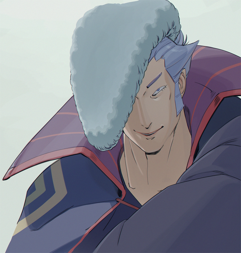 1boy, bad_id, bad_pixiv_id, blue_hair, closed_mouth, denjirou_(one_piece), evil_eyes, evil_smile