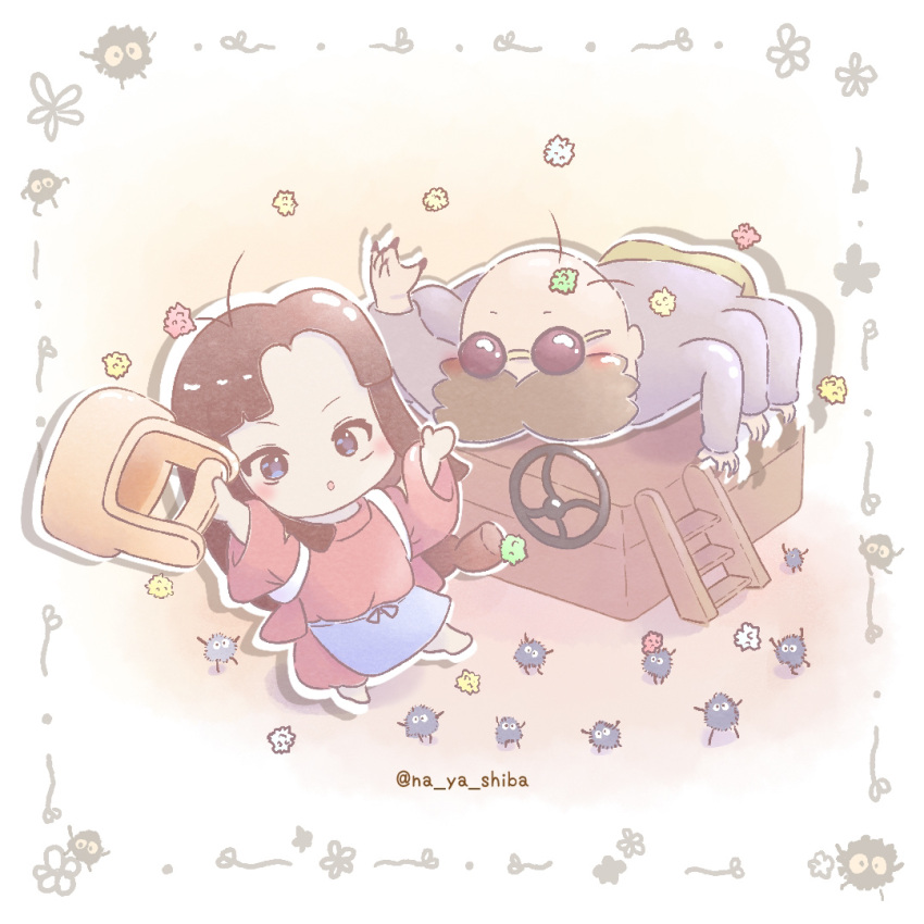 1boy, 1girl, apron, bald, blue_eyes, blush, brown_hair, brown_pants