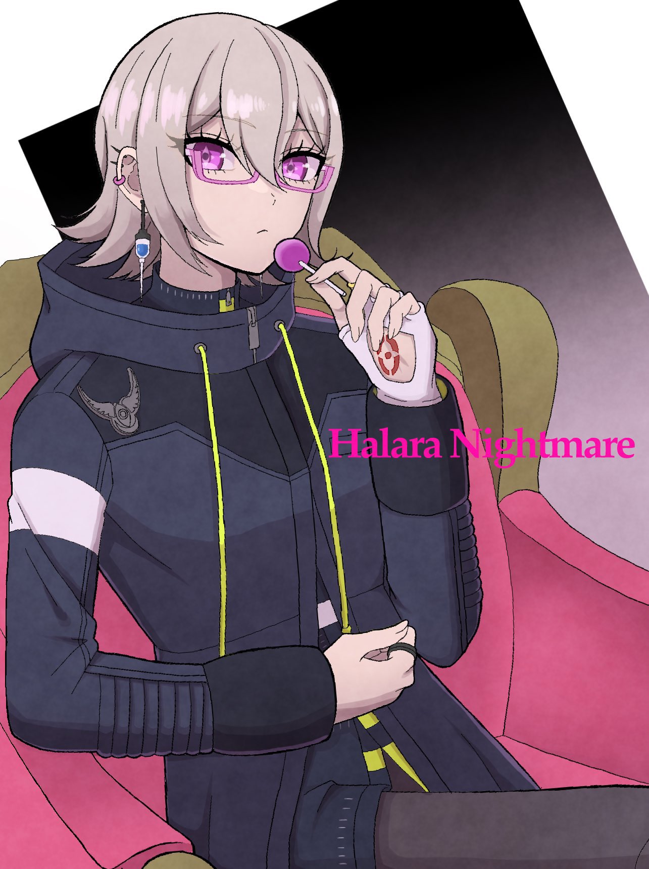 1other, armchair, black_coat, candy, chair, character_name, closed_mouth, coat, commentary_request, ear_piercing, earrings, food, glasses, grey_hair, grey_pants, hair_between_eyes, halara_nightmare, hand_up, highres, holding, holding_candy, holding_food, holding_lollipop, hood, hood_down, hooded_coat, jewelry, lollipop, long_sleeves, looking_at_viewer, master_detective_archives:_rain_code, nimi_(2mm_zzz), on_chair, other_focus, pants, piercing, pink-framed_eyewear, pink_eyes, semi-rimless_eyewear, short_hair, sitting, solo