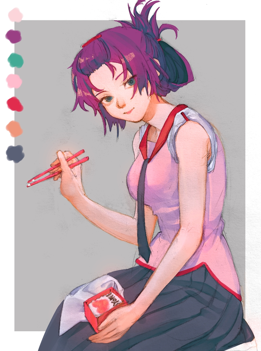 1girl, bakemonogatari, bangs_pinned_back, bento, blue_eyes, blue_necktie, blue_skirt, border, breasts, chopsticks, eyelashes, feet_out_of_frame, folded_ponytail, forehead, grey_background, hair_ornament, hair_up, hairclip, hand_up, heart, holding, lips, looking_at_viewer, medium_breasts, mitomori_(silverowl6), monogatari_(series), naoetsu_high_school_uniform, necktie, pink_shirt, pleated_skirt, purple_hair, school_uniform, senjougahara_hitagi, shirt, sitting, skirt, sleeves_rolled_up, solo, white_border