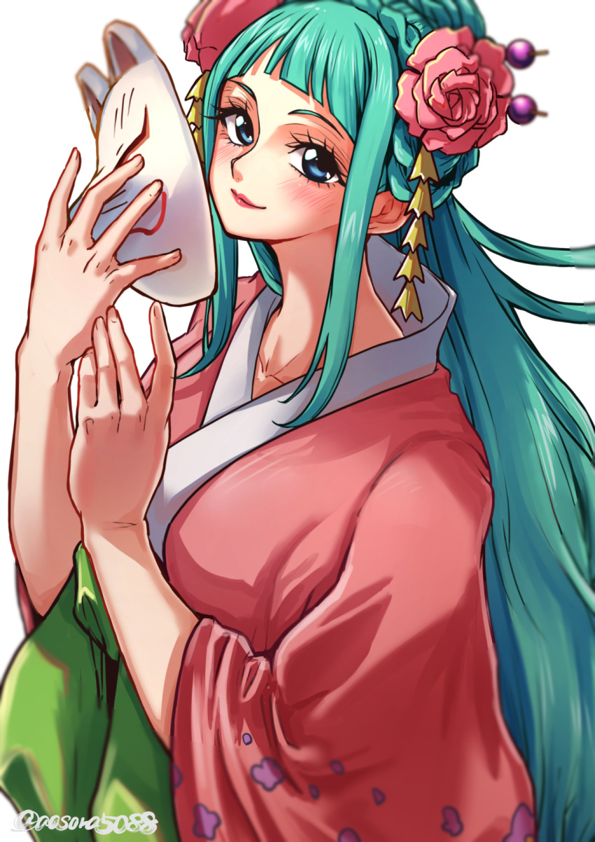 1girl, aosora2823, aqua_hair, artist_name, blue_eyes, blunt_bangs, blush, closed_mouth