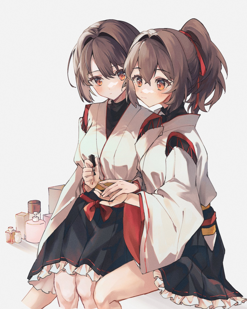 2girls, blush, breasts, brown_hair, closed_mouth, frills, grey_background, hair_between_eyes, hair_ribbon, highres, hyuuga_(kancolle), hyuuga_kai_ni_(kancolle), ise_(kancolle), ise_kai_ni_(kancolle), japanese_clothes, kantai_collection, kazeshio, medium_breasts, multiple_girls, nail_polish, orange_eyes, painting_nails, ponytail, red_ribbon, ribbon, short_hair, simple_background, sitting, wide_sleeves