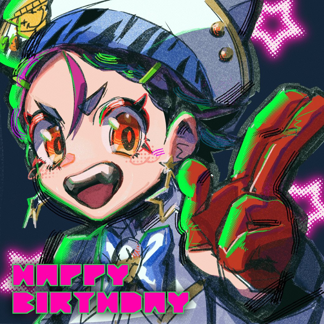 1girl, :d, amemura_neri, black_hair, blue_bow, bow, denonbu, earrings, gloves, hair_between_eyes, hand_up, happy_birthday, hat, jewelry, looking_at_viewer, open_mouth, orange_eyes, ragi_kirin, red_gloves, salute, short_hair, smile, solo, star_(symbol), star_earrings, teeth, two-finger_salute, upper_body, upper_teeth_only, v-shaped_eyebrows, white_headwear