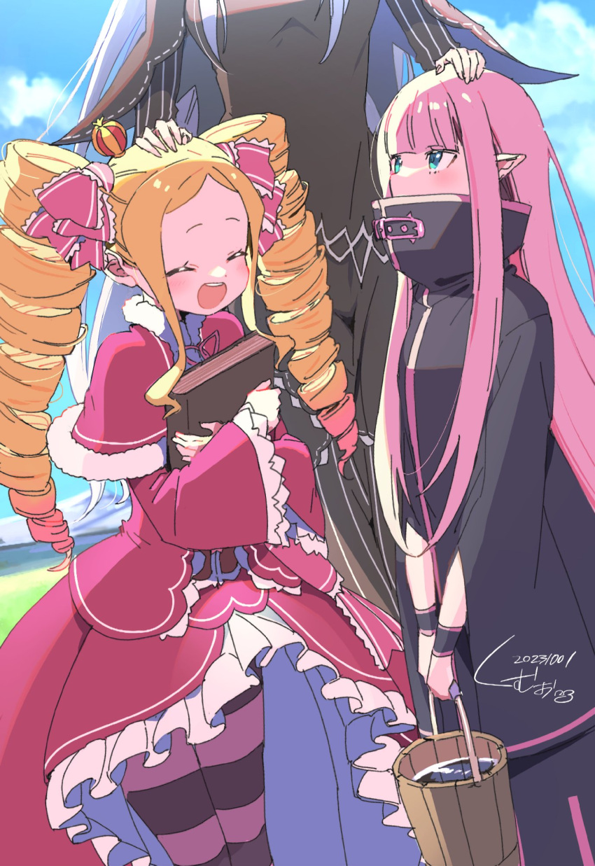 3girls, beatrice_(re:zero), black_capelet, black_dress, black_robe, blonde_hair, blunt_bangs, blush