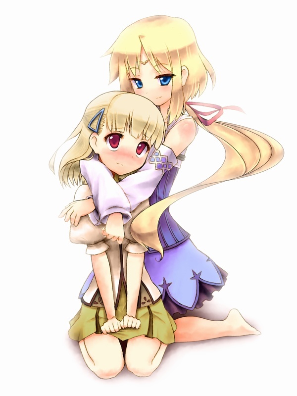 akeyama, barefoot, blonde_hair, blue_eyes, blush, circlet, detached_sleeves, hair_ornament