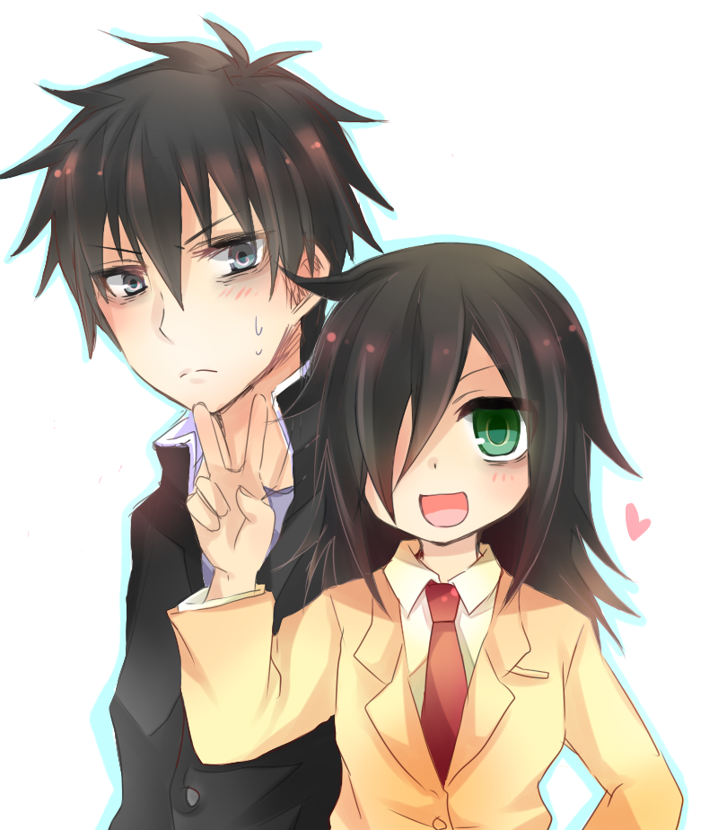 1boy, 1girl, :d, airi_(akamichiaika), bags_under_eyes, black_eyes, black_hair, black_jacket
