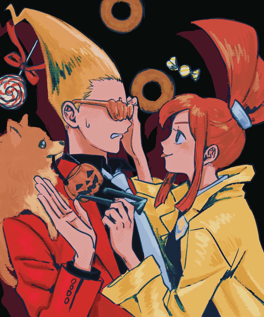 1boy, 1girl, animal_on_shoulder, black_background, black_shirt, blonde_hair, blue_eyes, candy