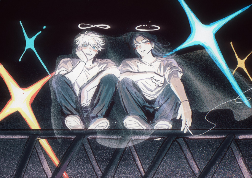 2boys, black_background, black_eyes, black_hair, black_pants, blue_eyes, blush, bracelet, diffraction_spikes, ear_piercing, full_body, getou_suguru, gojou_satoru, halo, head_rest, hebeinai, highres, infinity_symbol, jewelry, jujutsu_kaisen, long_hair, male_focus, multiple_boys, night, open_mouth, outdoors, pants, piercing, shirt, short_hair, short_sleeves, smile, spoilers, squatting, white_footwear, white_hair, white_shirt