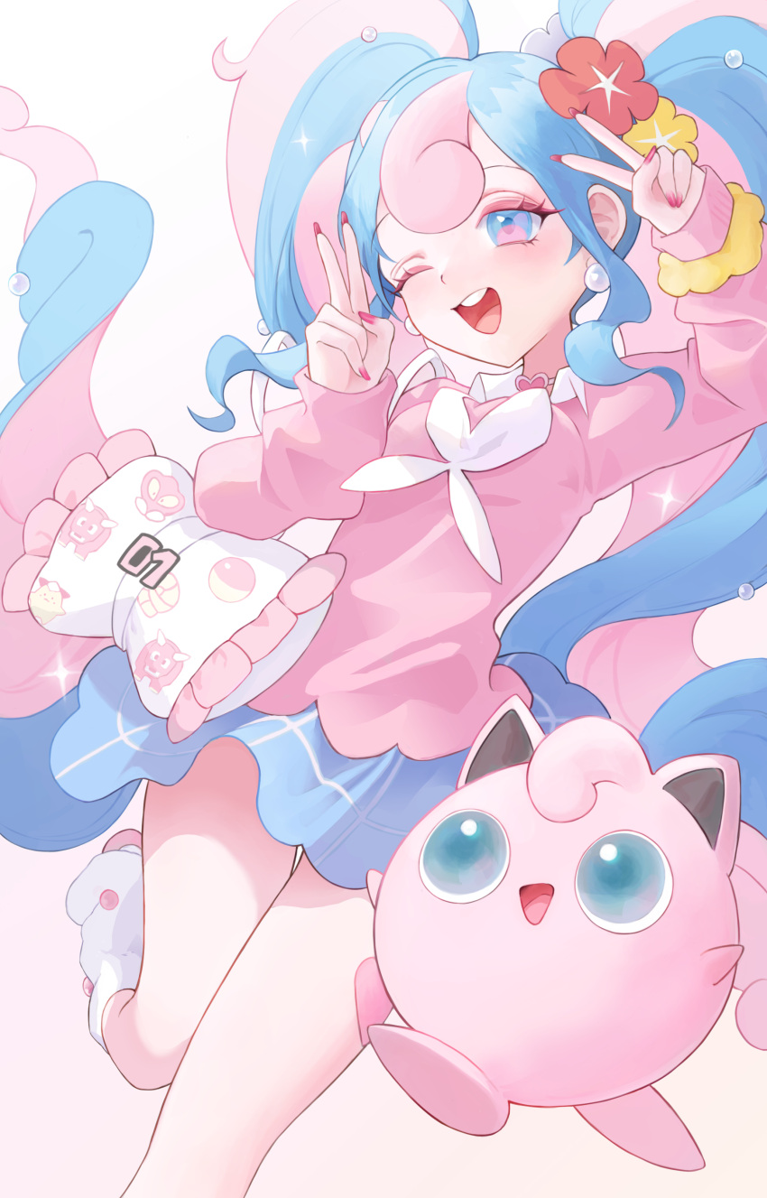 1girl, absurdres, blue_hair, blue_skirt, cardigan, choker, clefairy_sprite_(pokemon), commentary