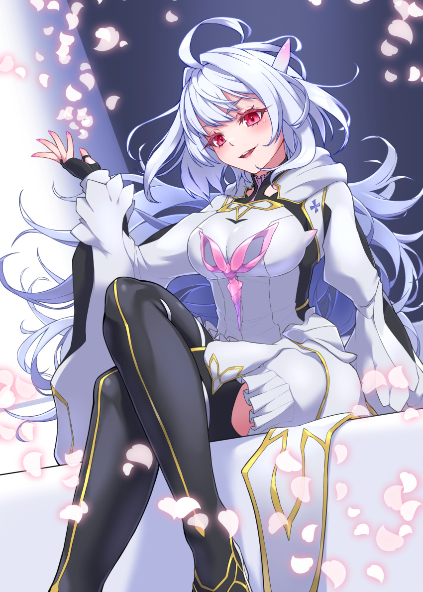 1girl, ahoge, black_gloves, black_leggings, black_pants, breasts, crossed_legs, falling_petals, fate/grand_order, fate_(series), fingerless_gloves, gloves, highres, lady_avalon_(first_ascension)_(fate), leggings, long_hair, medium_breasts, merlin_(fate/prototype), open_mouth, pants, petals, pink_eyes, pink_nails, sitting, solo, white_hair, yata_masahara