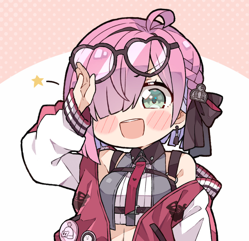 1girl, :d, ahoge, bare_shoulders, blush_stickers, braid, chibi, commentary, crop_top, english_commentary, eyewear_on_head, gradient_hair, green_eyes, hair_over_one_eye, heart, heart-shaped_eyewear, highres, himemori_luna, himemori_luna_(5th_costume), hololive, jacket, kukie-nyan, letterman_jacket, long_bangs, looking_at_viewer, multicolored_hair, official_alternate_costume, open_mouth, pink_hair, purple_hair, red_jacket, salute, side_braid, sleeveless, smile, solo, virtual_youtuber