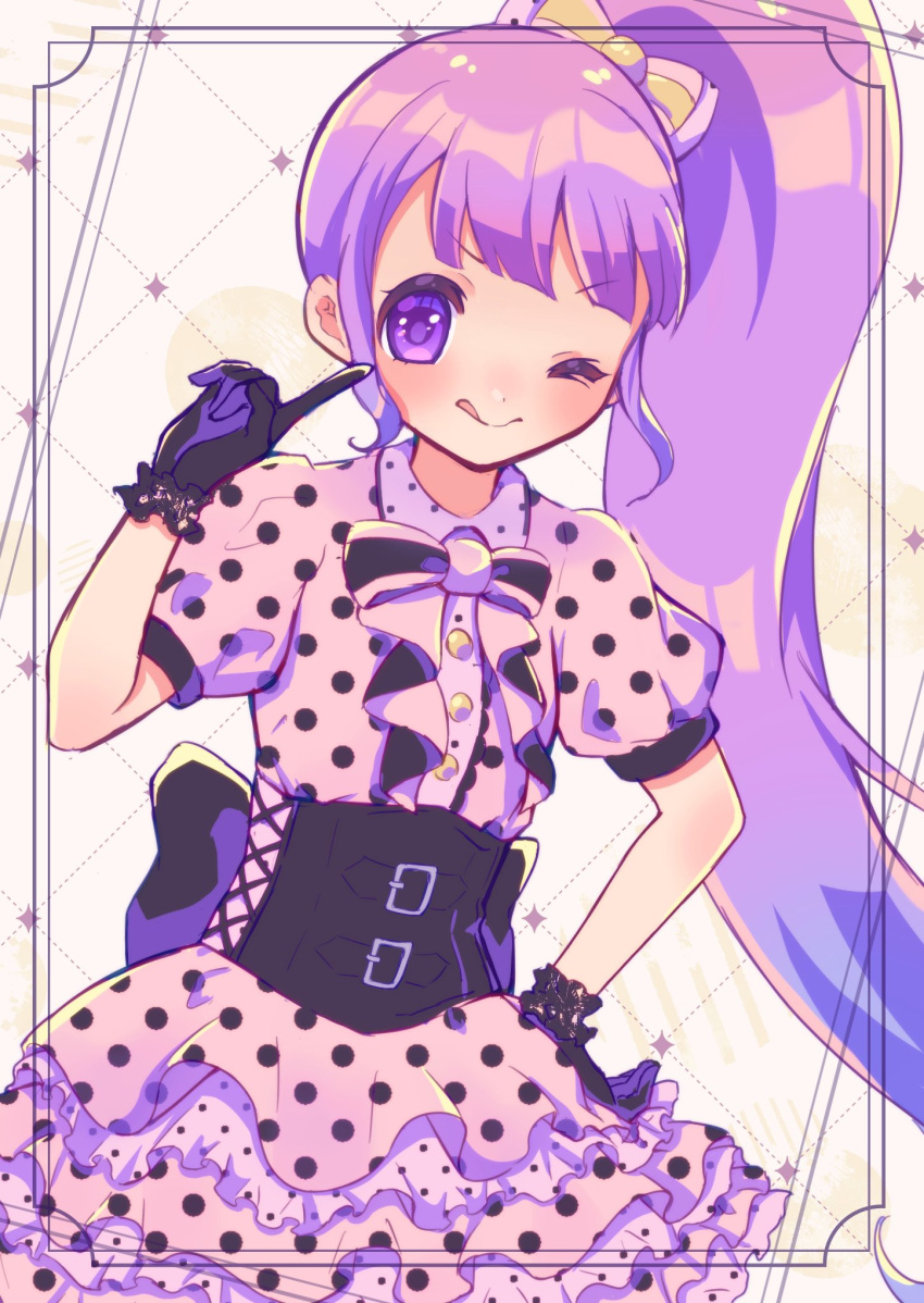 1girl, black_gloves, blunt_bangs, bow, closed_mouth, collared_dress, commentary_request, corset, dress, finger_to_cheek, frilled_dress, frills, gloves, hair_bow, hand_on_own_hip, hand_up, highres, index_finger_raised, light_purple_hair, long_hair, looking_at_viewer, manaka_non, mitsui_(mmdwn_0520), one_eye_closed, pink_dress, polka_dot, polka_dot_dress, pretty_(series), pripara, puffy_short_sleeves, puffy_sleeves, short_sleeves, side_ponytail, smile, solo, tongue, tongue_out, very_long_hair, violet_eyes, yellow_bow