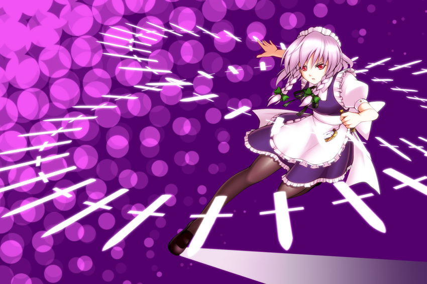 danmaku, genjuu_rou, izayoi_sakuya, maid, maid_headdress, pantyhose, red_eyes, short_hair