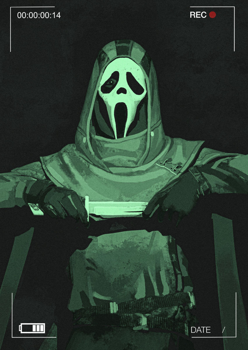 1boy, absurdres, battery, battery_indicator, black_cloak, black_gloves, blood, blood_on_knife