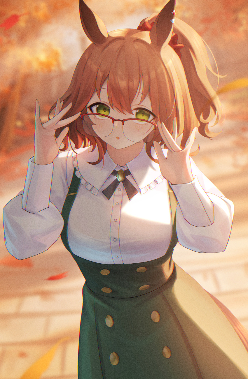 1girl, animal_ears, aston_machan_(umamusume), blush, brown_hair, collared_shirt, frilled_shirt_collar, frills
