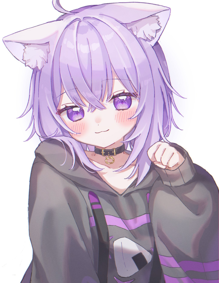1girl, :3, ahoge, animal_collar, animal_ear_fluff, animal_ears, black_collar, blush