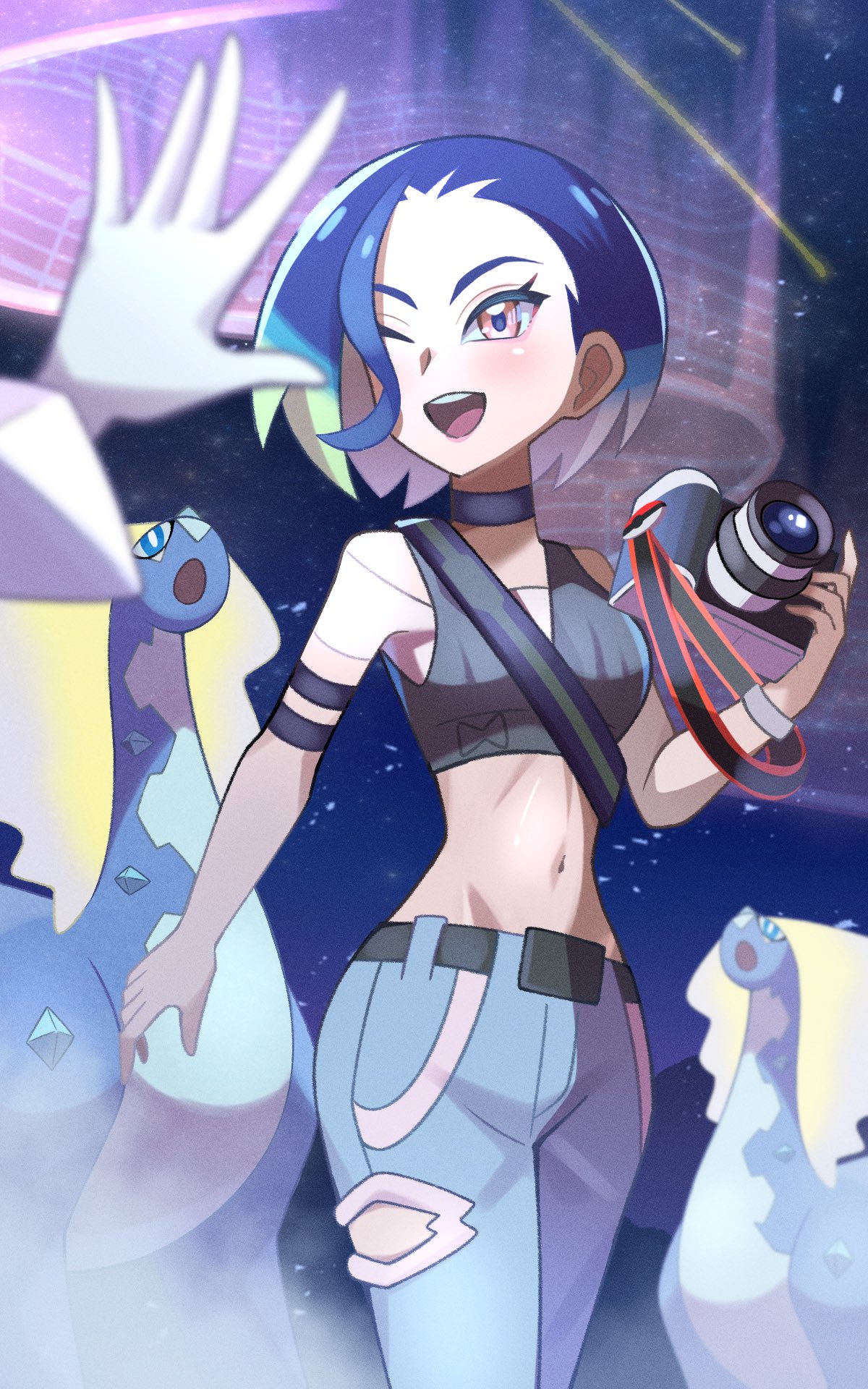 1girl, aurorus, bare_shoulders, black_choker, blue_eyes, blue_hair, bob_cut, breasts, brown_eyes, camera, choker, crop_top, grey_shirt, grey_sports_bra, highres, holding, holding_camera, inana_umi, long_hair, off_shoulder, perrin_(pokemon), pokemon, pokemon_(creature), pokemon_(game), pokemon_sv, ribbed_shirt, shirt, sleeveless, sleeveless_shirt, solo, sports_bra, undershirt