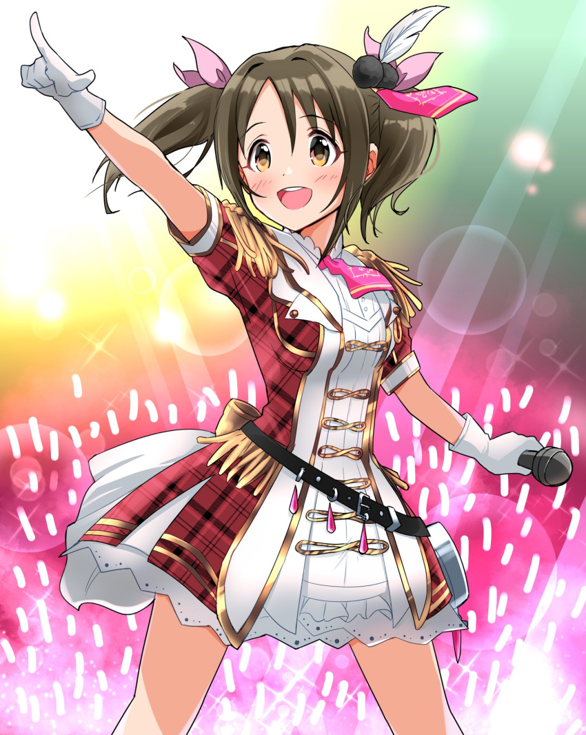 1girl, across_the_stars_(idolmaster), arm_up, belt, black_belt, blush, bow, breasts