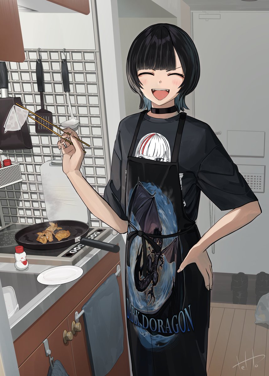 1girl, :d, ^_^, apron, black_hair, blue_hair, choker, chopsticks