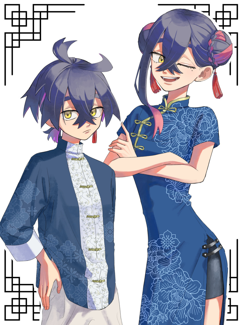 1boy, 1girl, absurdres, alternate_hairstyle, antenna_hair, black_hair, blue_dress, blue_shirt