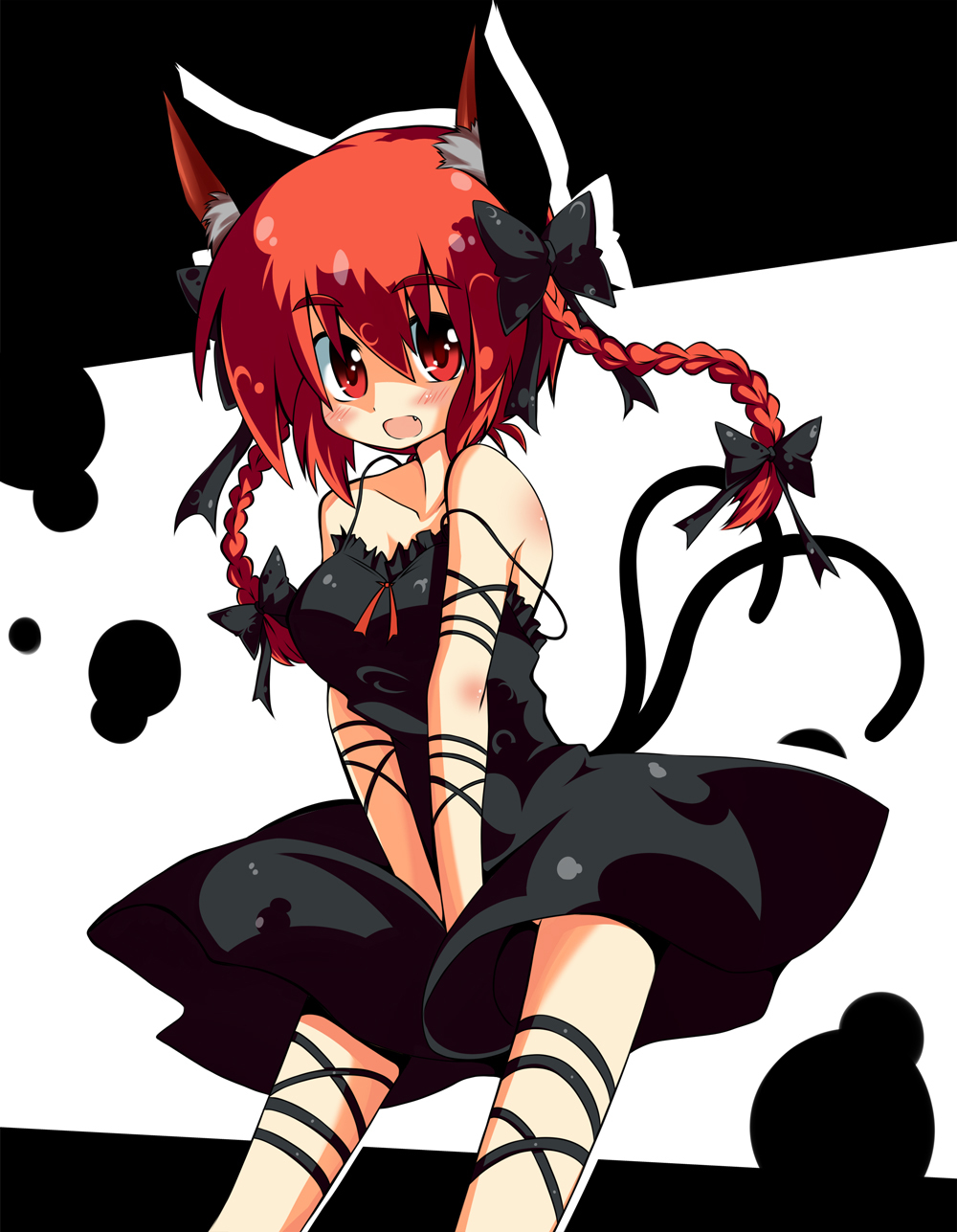 animal_ears, braid, breasts, cat_ears, cat_tail, dress, eyebrows, fang, gin_(shioyude), gin_946, hair_ribbon, highres, kaenbyou_rin, multiple_tails, open_mouth, red_eyes, red_hair, redhead, ribbon, short_hair, solo, strap_slip, tail, touhou, twin_braids, twintails