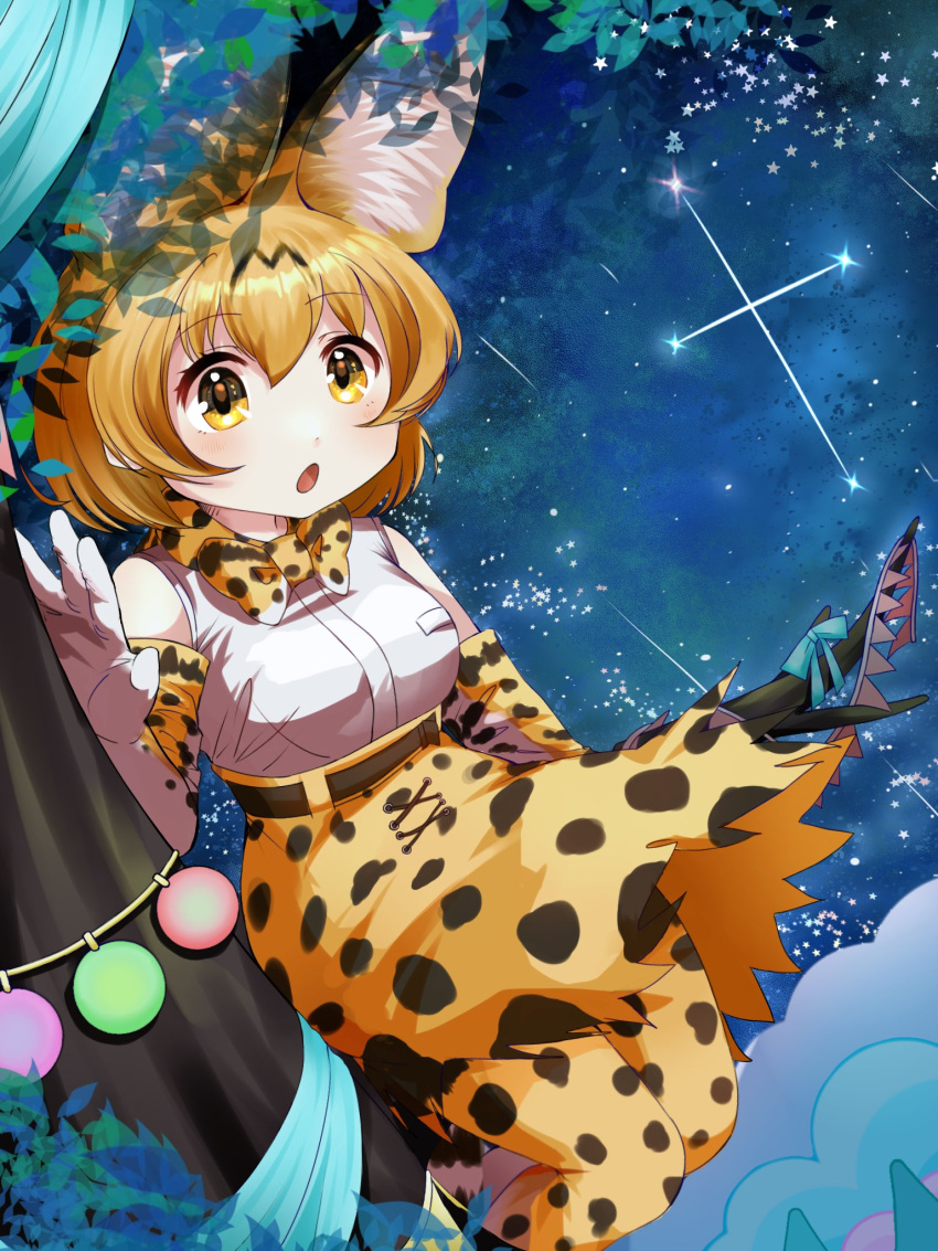 1girl, animal_ears, belt, blonde_hair, bow, bowtie, cat_ears, cat_girl, cat_tail, elbow_gloves, extra_ears, gloves, highres, kemono_friends, kneehighs, night, night_sky, saba_ru, serval_(kemono_friends), shirt, short_hair, skirt, sky, sleeveless, sleeveless_shirt, socks, solo, star_(sky), starry_sky, tail, tree, yellow_eyes