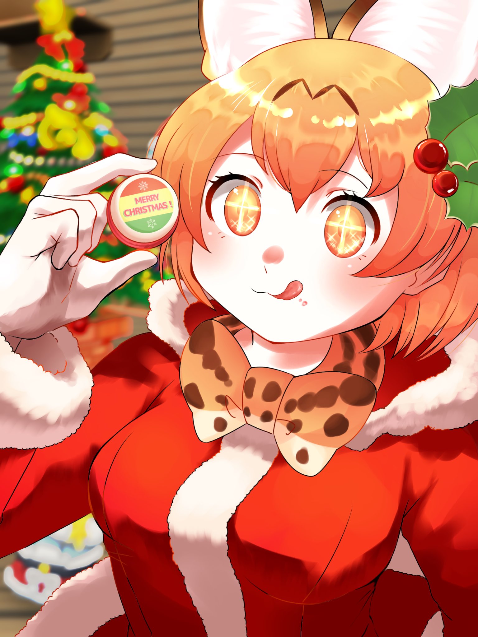 +_+, 1girl, animal_ears, blonde_hair, blush, bow, bowtie, cat_ears, cat_girl, christmas, christmas_tree, extra_ears, food, gloves, hair_ornament, highres, kemono_friends, macaron, saba_ru, santa_costume, serval_(kemono_friends), short_hair, solo, tongue, yellow_eyes