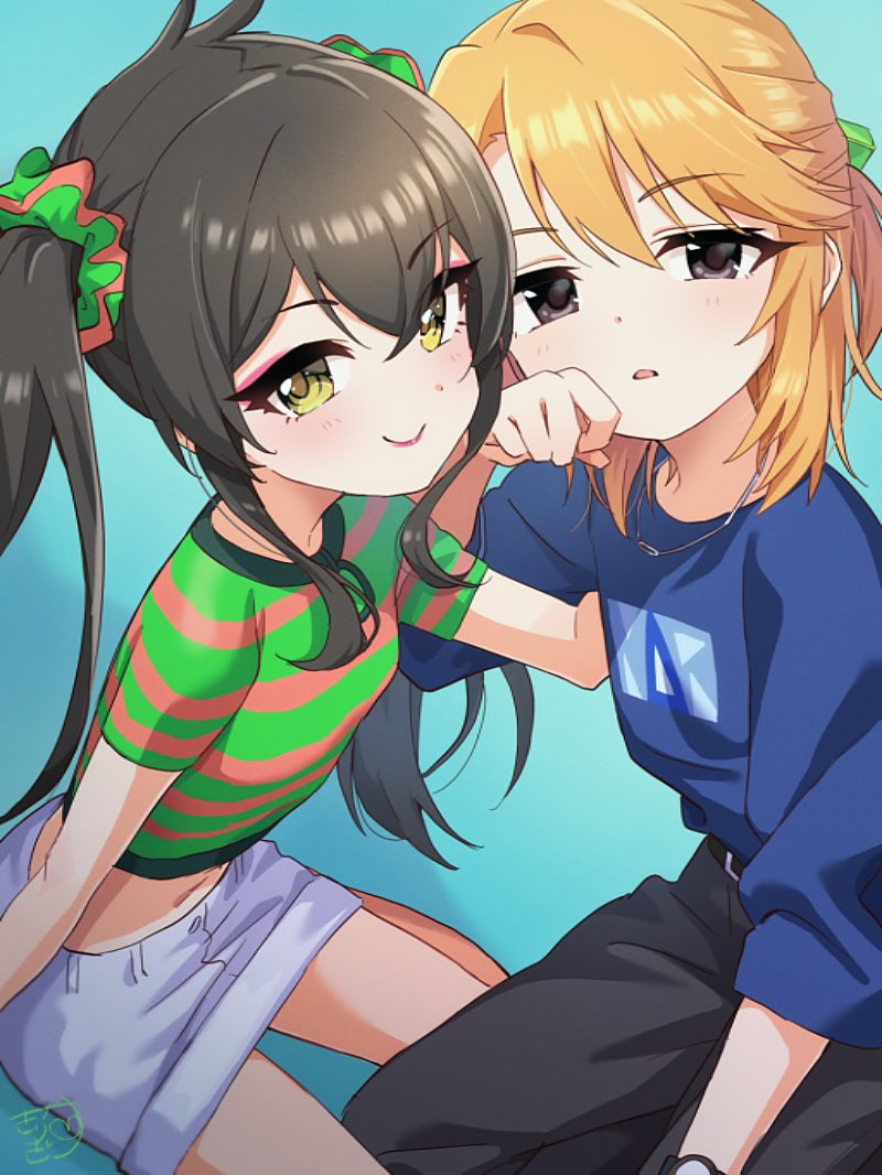 2girls, arm_behind_back, beat_shooter_(idolmaster), belt, black_hair, blue_shirt, closed_mouth, crop_top