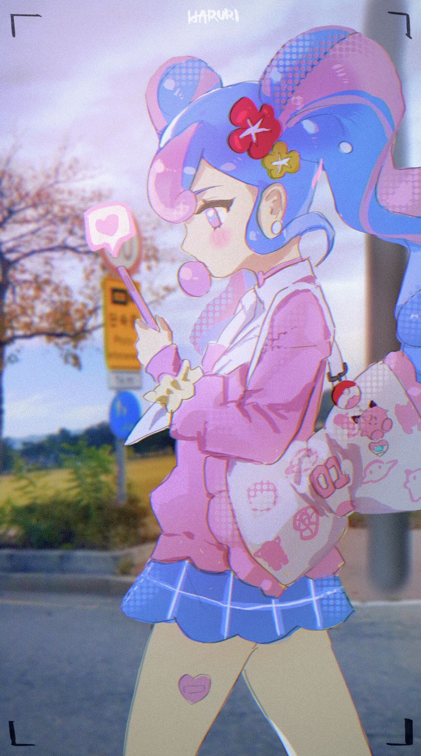 1girl, absurdres, bag, blue_hair, blue_skirt, blurry, blurry_background, blush