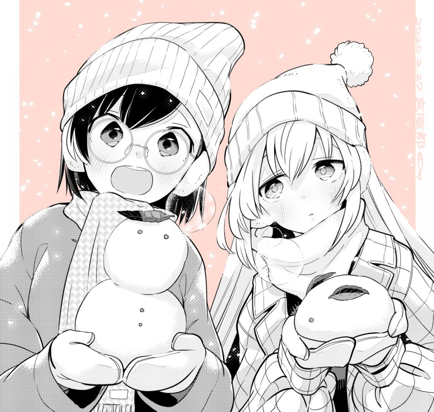 2girls, artist_name, beanie, breath, chiyo_kozuka, coat, dated, earmuffs