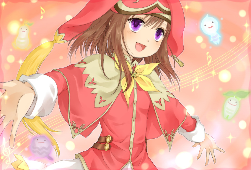 candy_(rune_factory), cape, dress, hat, highres, musical_note, okitune-sama, purple_eyes, rune_factory, rune_factory_frontier, smile, violet_eyes