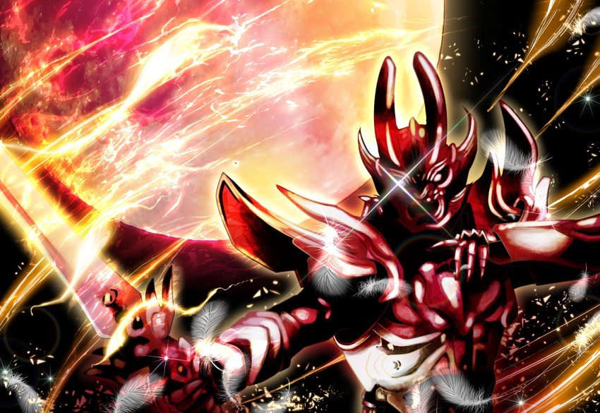 armor, blank_eyes, fighting_stance, full_moon, garo_(series), garo_fang_of_god_(series), holding, holding_sword, holding_weapon, horns, kirara-345, moon, red_theme, roze_(garo), sparks, sword, tokusatsu, upper_body, weapon
