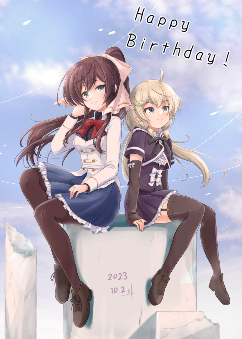 2girls, ahoge, aqua_eyes, arms_at_sides, assault_lily, black_ribbon, black_shirt, black_skirt, black_thighhighs, blue_eyes, blue_skirt, blue_sky, bow, bowtie, breasts, brown_bow, brown_footwear, brown_hair, brown_pantyhose, buttons, center_frills, closed_mouth, clouds, cropped_jacket, dated, day, detached_sleeves, floating_hair, frilled_shirt, frilled_shirt_collar, frilled_skirt, frills, full_body, garter_straps, grey_hair, hair_bow, hand_in_own_hair, hand_on_own_thigh, hand_up, happy_birthday, head_tilt, herensuge_girls_academy_school_uniform, high_ponytail, inoguchi_minto, jacket, jewelry, kanabako_misora, knees_together_feet_apart, light_particles, loafers, long_hair, long_sleeves, looking_ahead, looking_at_viewer, low_twintails, medium_breasts, miniskirt, multiple_girls, neck_ribbon, outdoors, pantyhose, pillar, pleated_skirt, ponytail, red_bow, red_bowtie, ribbon, ring, ruins, school_uniform, serizawa_chikaru, shirt, shoes, short_sleeves, sitting, skirt, sky, sleeves_past_wrists, smile, thigh-highs, twintails, underbust, very_long_hair, white_bow, white_jacket, yurigaoka_girls_academy_school_uniform