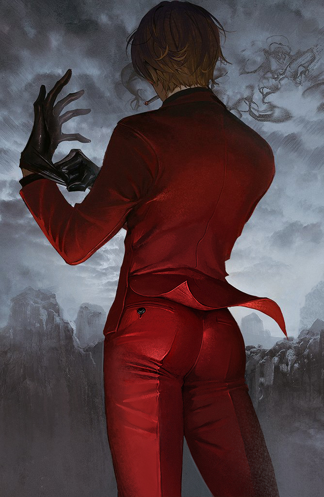 1boy, adjusting_clothes, adjusting_gloves, ass, back, black_gloves, blonde_hair, cigarette