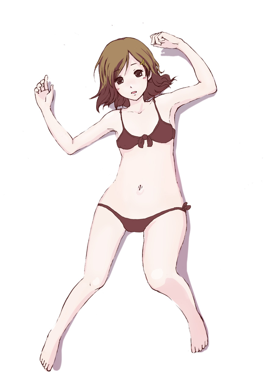 barefoot, bikini, blush, brown_eyes, brown_hair, feet, hands, highres, lying, nekotama_(pixiv34129), original, simple_background, solo, swimsuit