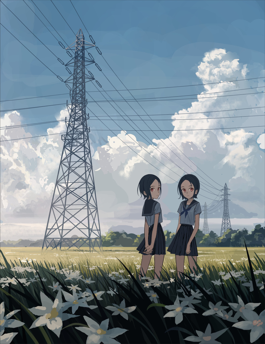 05tai_mono, 2girls, absurdres, arms_behind_back, black_hair, black_sailor_collar, black_skirt, clouds
