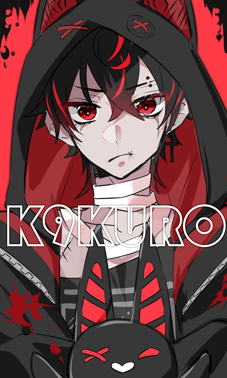 1boy, animal_ear_hood, animal_ears, animal_hood, bandaged_neck, bandages, black_hair, black_hood