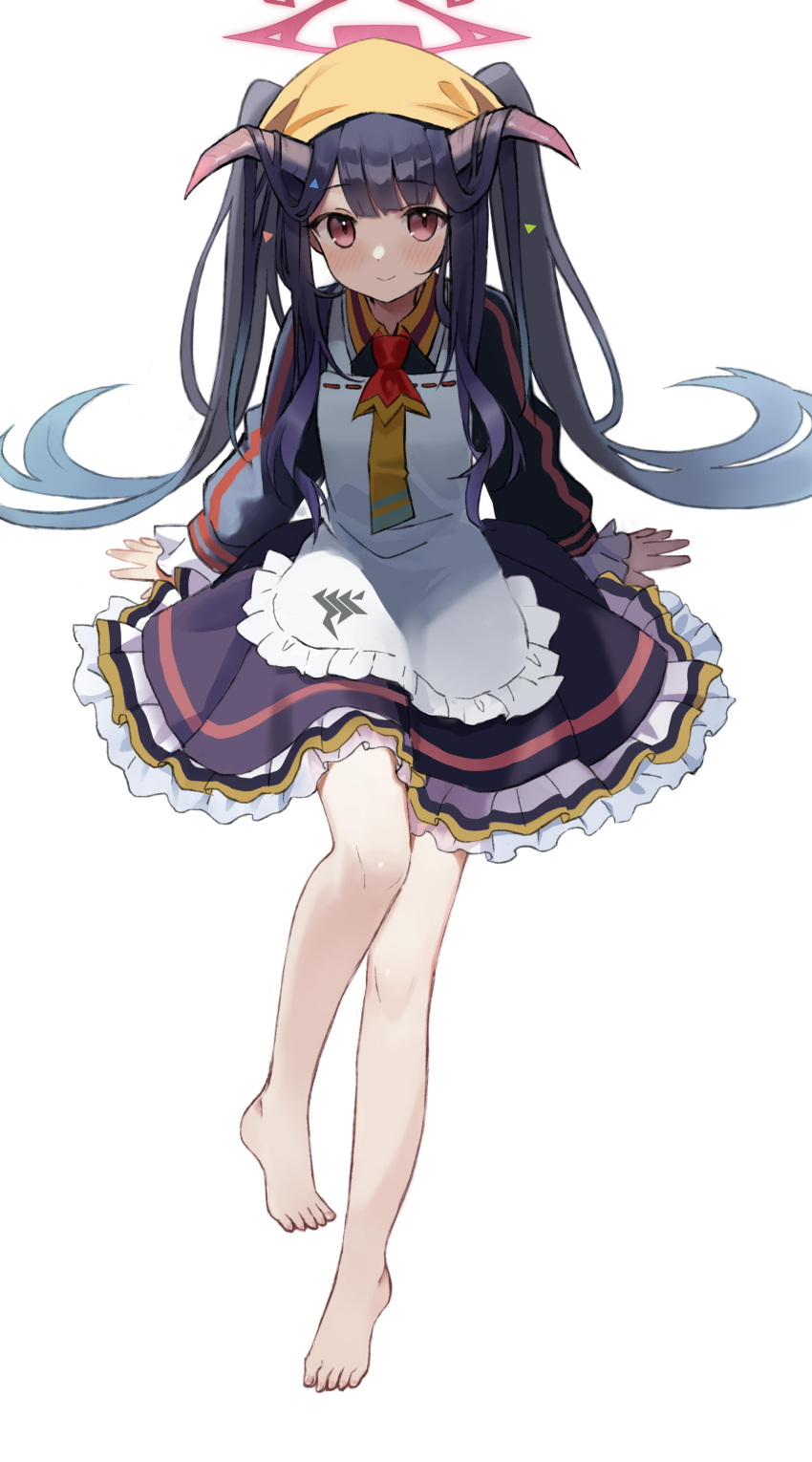1girl, absurdres, apron, barefoot, black_hair, black_horns, blue_archive, fuuka_(blue_archive)