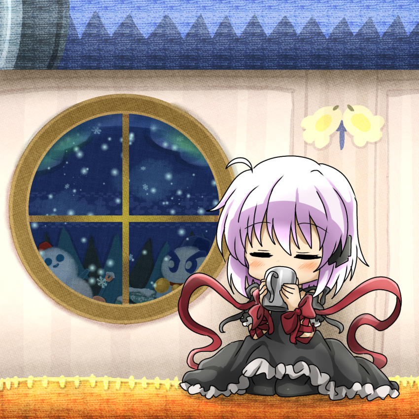 1girl, =_=, ahoge, arm_ribbon, black_dress, black_pantyhose, chibi, closed_eyes